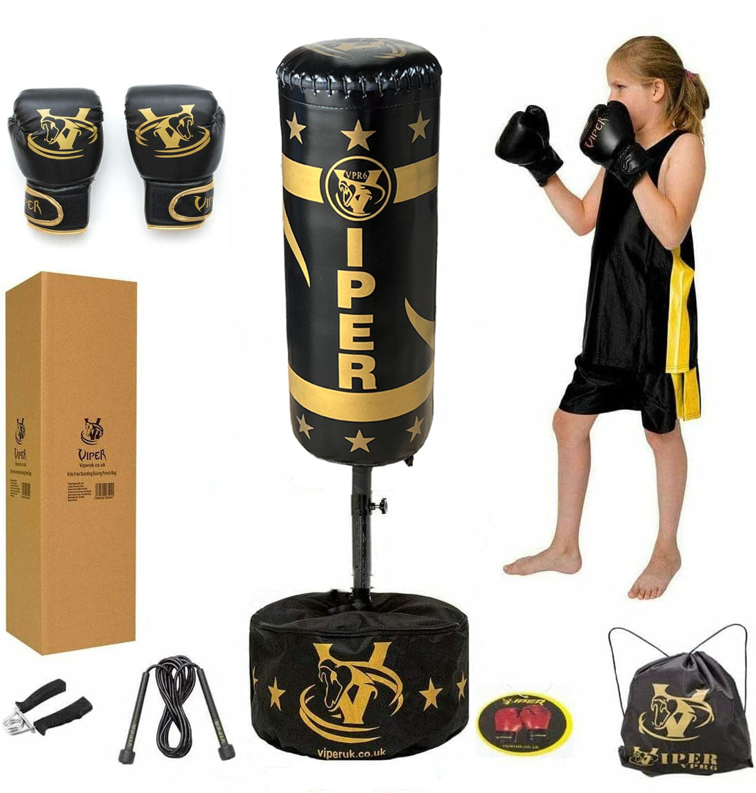 VIPER Junior Boxing Free Standing Punch bag Set (Full Black)