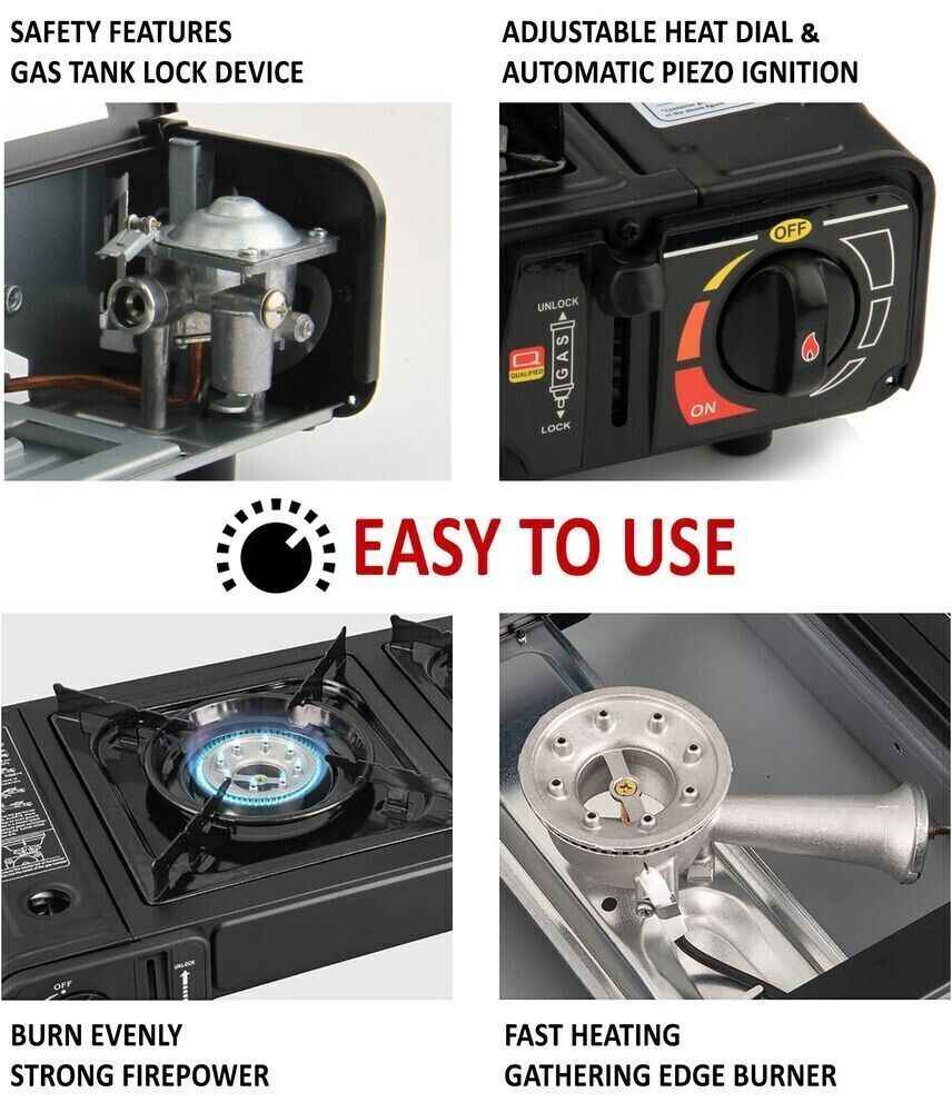 VIPER Portable Camping Gas Stove, Double Burner, BBQ Cooker, Outdoor Grill Plate – Automatic Ignition, Enamel Pan Support, Double Butane Cartridges - Outdoor Camping BBQ Living