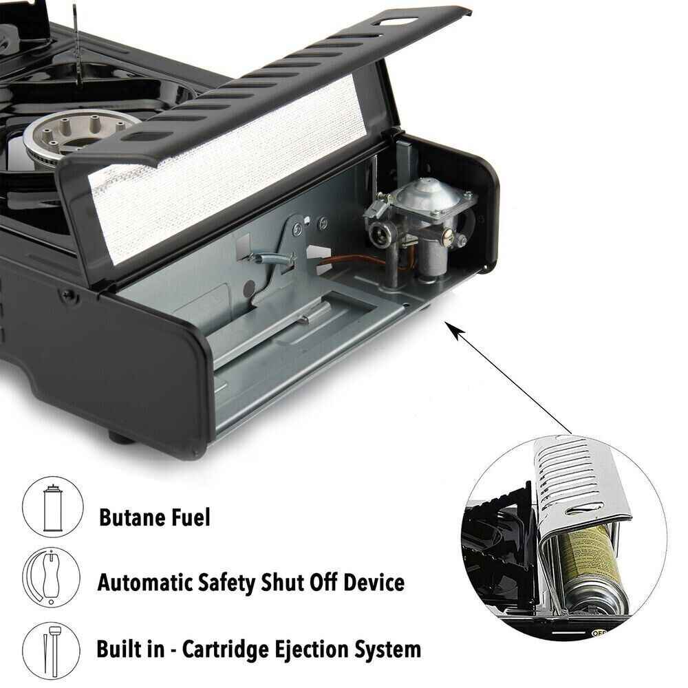VIPER Portable Camping Gas Stove, Double Burner, BBQ Cooker, Outdoor Grill Plate – Automatic Ignition, Enamel Pan Support, Double Butane Cartridges - Outdoor Camping BBQ Living
