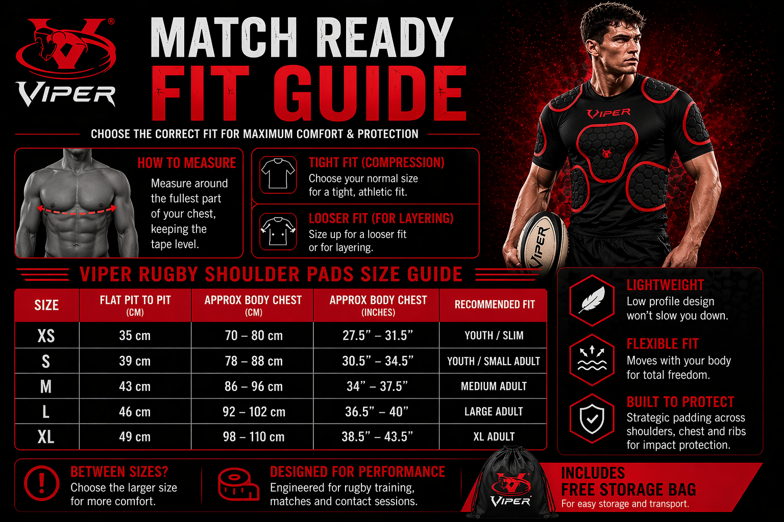 VIPER V-FIT Rugby Shoulder Pads Body Armour Rugby Training Fitness Rugby Head Pads (Black/Red)