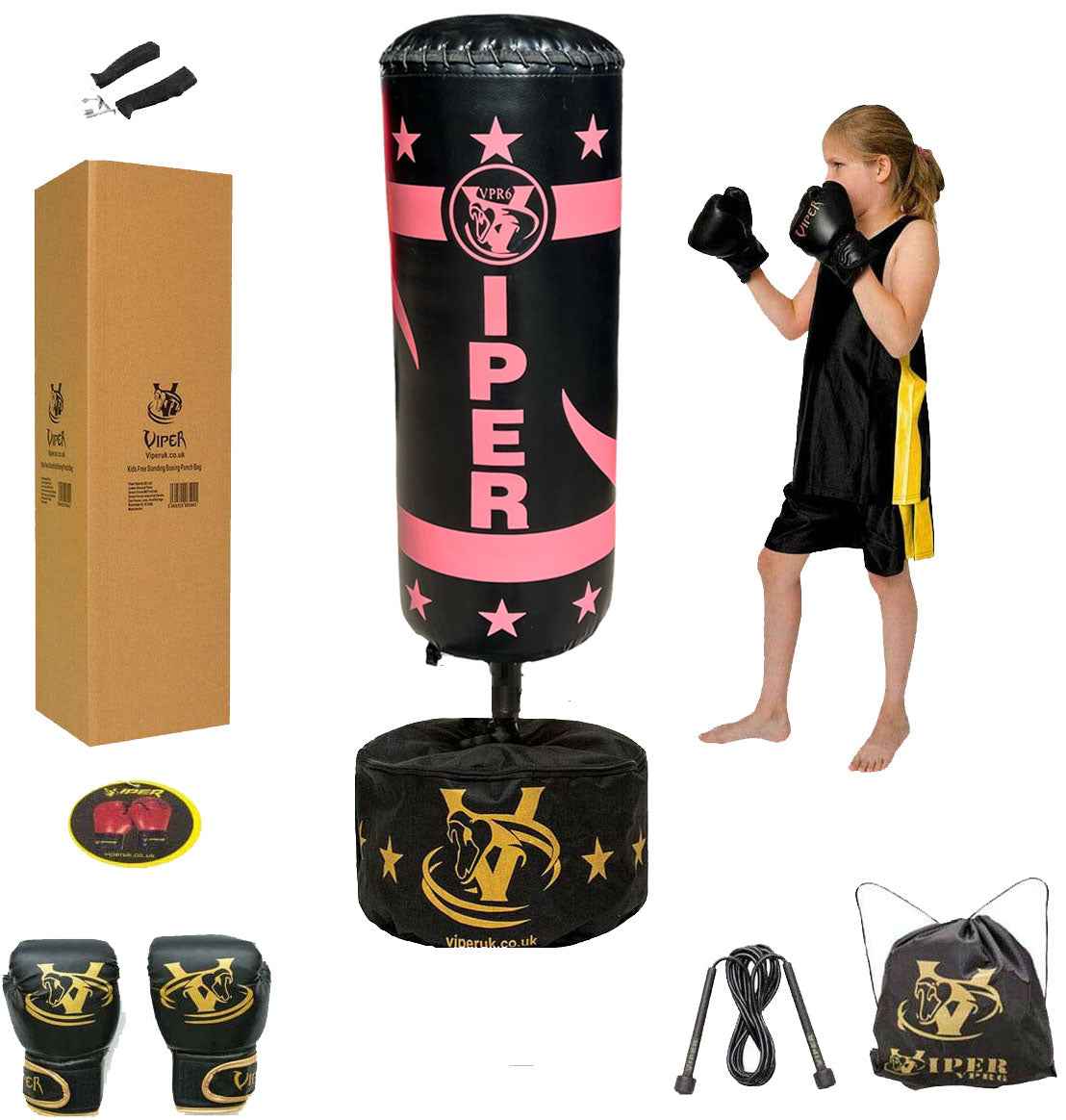 Pink Boxing Set VIPER Kids Boxing Free Standing Punch Bag Set (Black/Pink) - Viper Sports