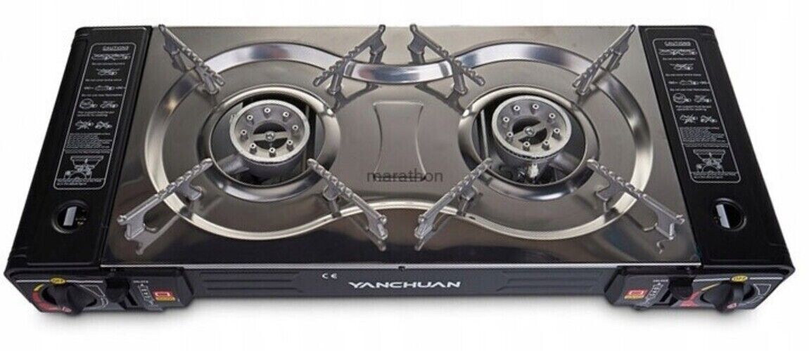 VIPER Portable Camping Gas Stove, Double Burner, BBQ Cooker, Outdoor Grill Plate – Automatic Ignition, Enamel Pan Support, Double Butane Cartridges - Outdoor Camping BBQ Living