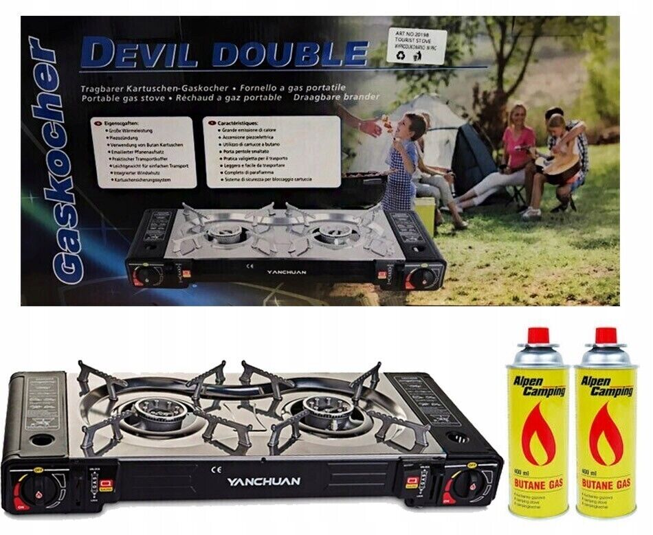 VIPER Portable Camping Gas Stove, Double Burner, BBQ Cooker, Outdoor Grill Plate – Automatic Ignition, Enamel Pan Support, Double Butane Cartridges - Outdoor Camping BBQ Living