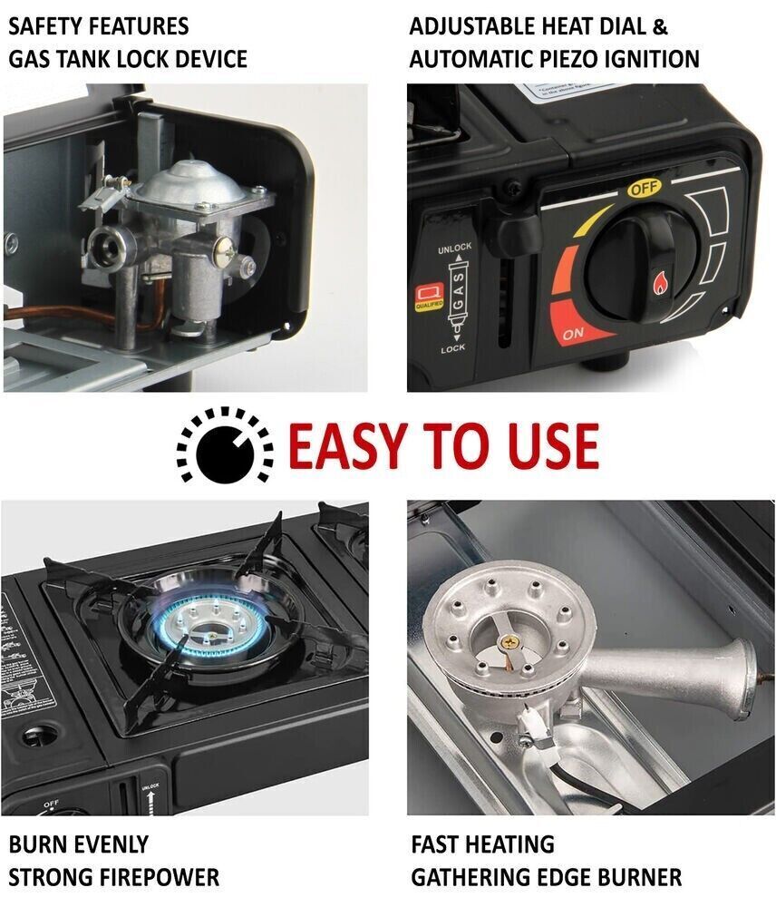 VIPER Portable Camping Gas Stove, Double Burner, BBQ Cooker, Outdoor Grill Plate – Automatic Ignition, Enamel Pan Support, Double Butane Cartridges - Outdoor Camping BBQ Living