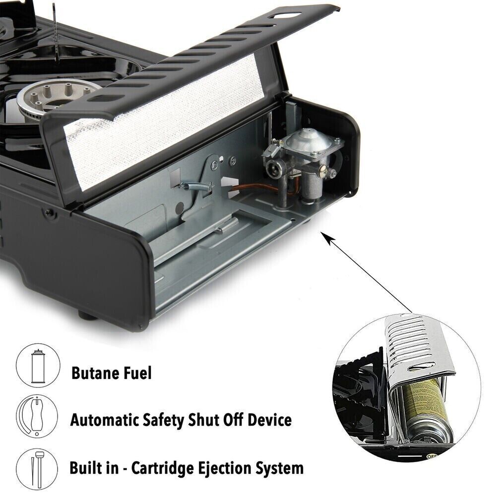 VIPER Portable Camping Gas Stove, Double Burner, BBQ Cooker, Outdoor Grill Plate – Automatic Ignition, Enamel Pan Support, Double Butane Cartridges - Outdoor Camping BBQ Living