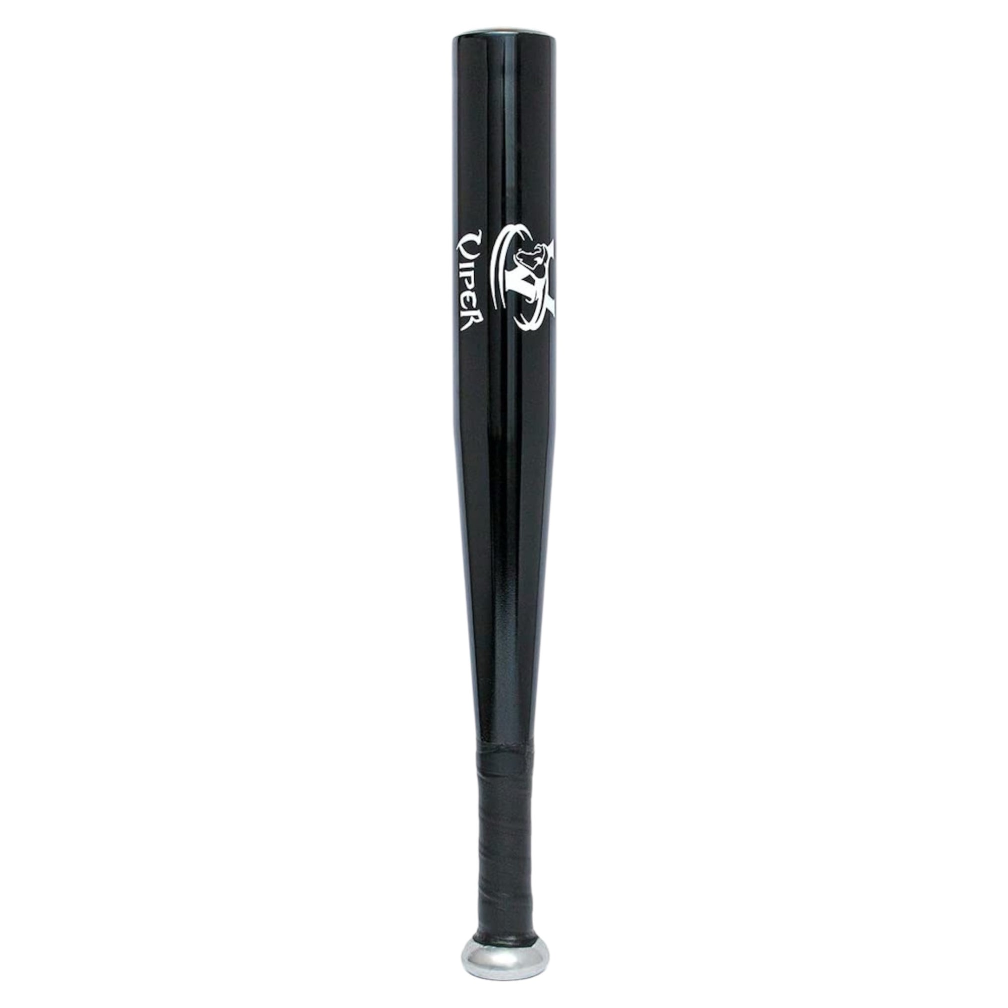 Black aluminium rounders bat with a logo on a white background