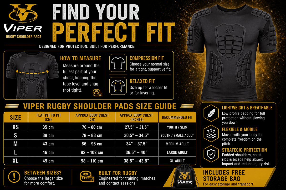 VIPER V-FIT Rugby Shoulder Pads Body Armour Rugby Training Fitness Rugby Head Pads (Full Black)