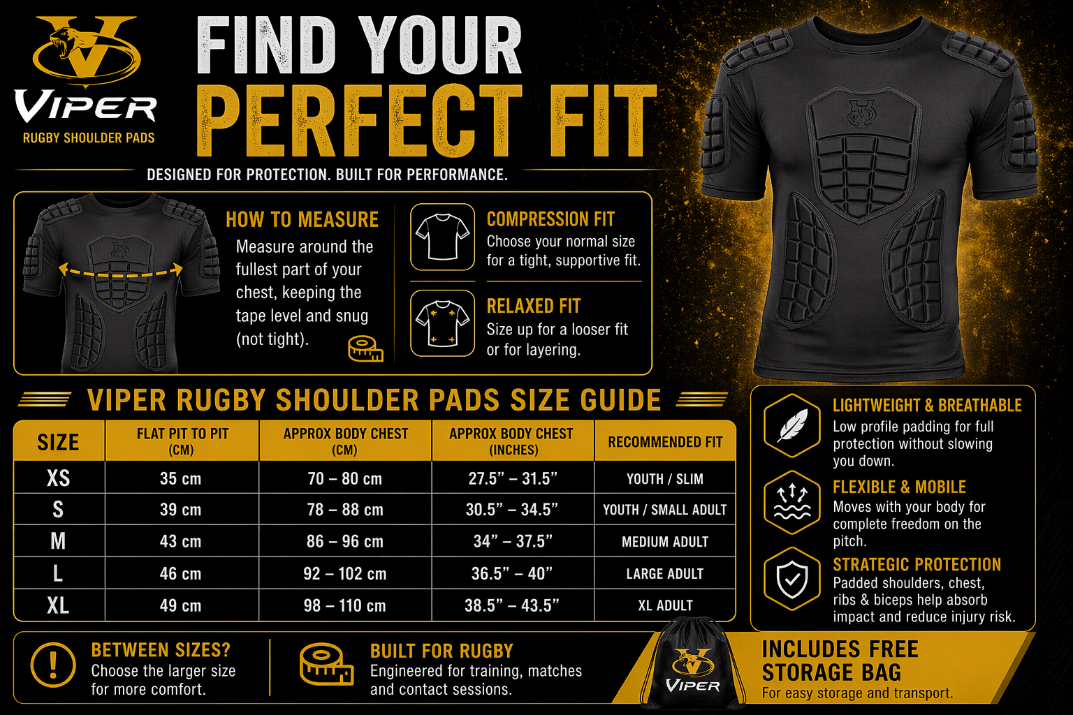 VIPER V-FIT Rugby Shoulder Pads Body Armour Rugby Training Fitness Rugby Head Pads (Full Black)