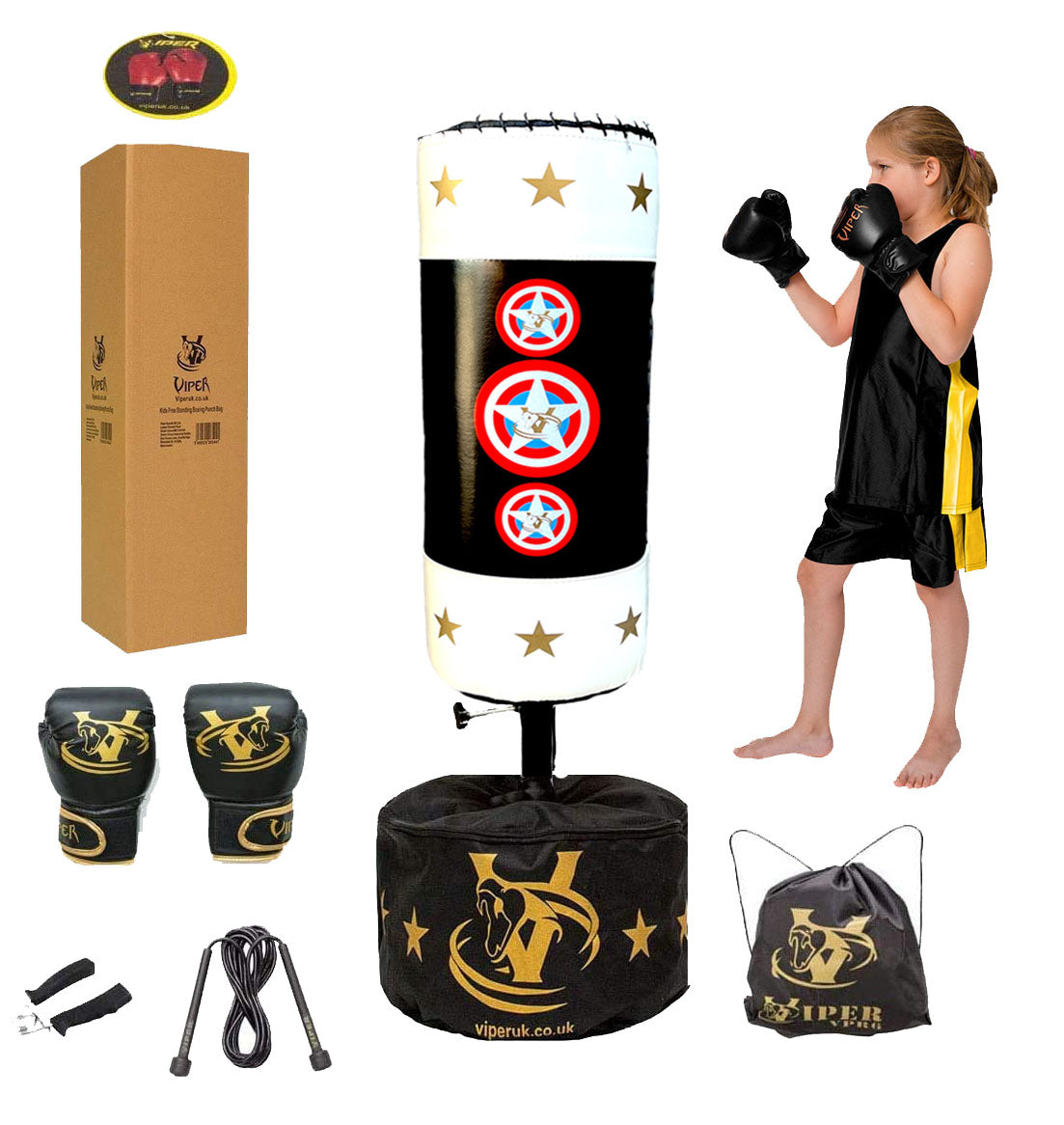 VIPER Kids Boxing Free Standing Punch Bag Set (White/Black Cap)