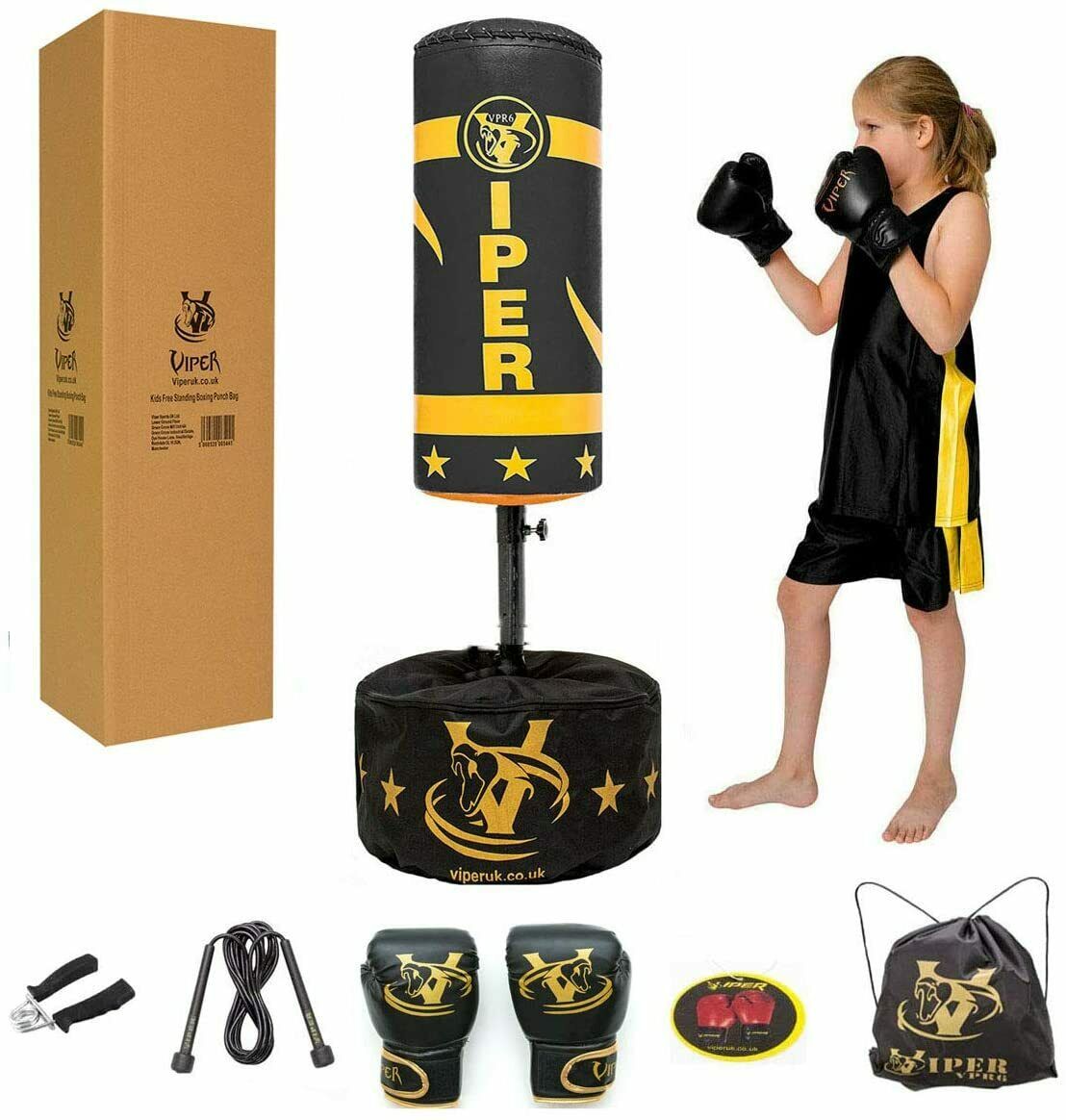 VIPER Junior Boxing Free Standing Punch bag Set (Full Black)