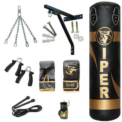 VIPER 4ft Heavy Filled Boxing Punch Bag Set Mitts Bracket Chain Adult Training Gym