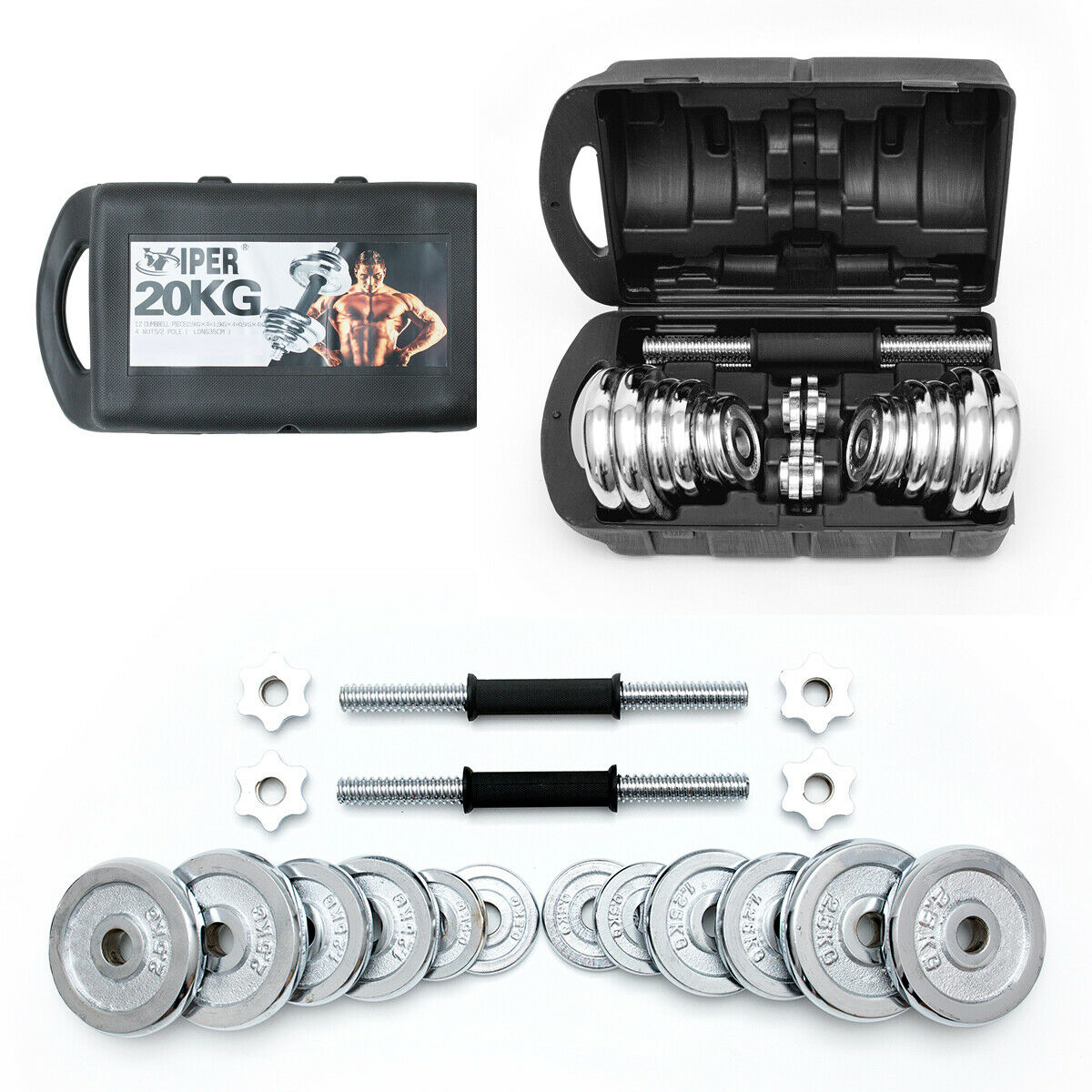 VIPER Cast Iron Full Dumbbell Set Biceps Body Weight Lifting Training Bodybuilding Fitness Weight Lifting Training Home Gym 20KG Chrome