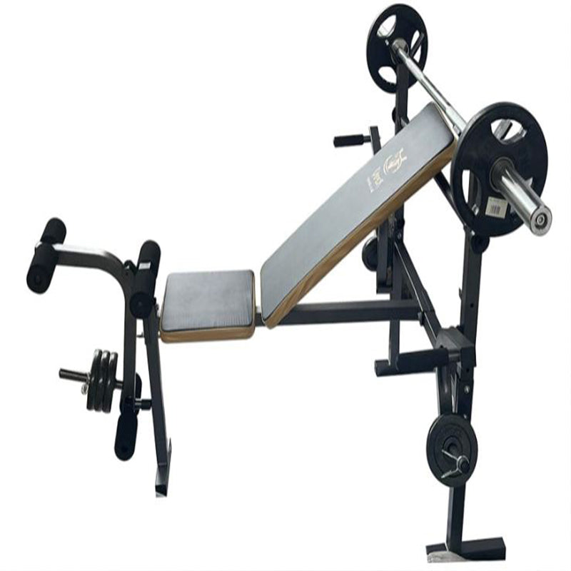 A foldable weight lifting bench with various adjustable parts for different exercises, including a padded area for crunches and sit-ups.